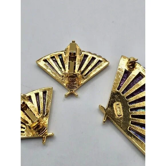 Butler Signed Rare Purple Abalone Shell Fan Brooch and Clip Earring Set Vintage - Picture 3 of 7